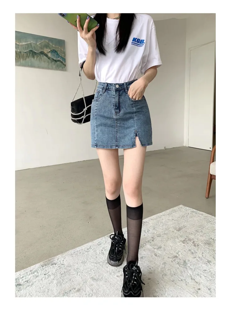 Feynzz Small Split Denim Skirt Women's Summer Elastic Slim Fit High Waist A-line Hot Girl Bag Hip Skirt - Image 5