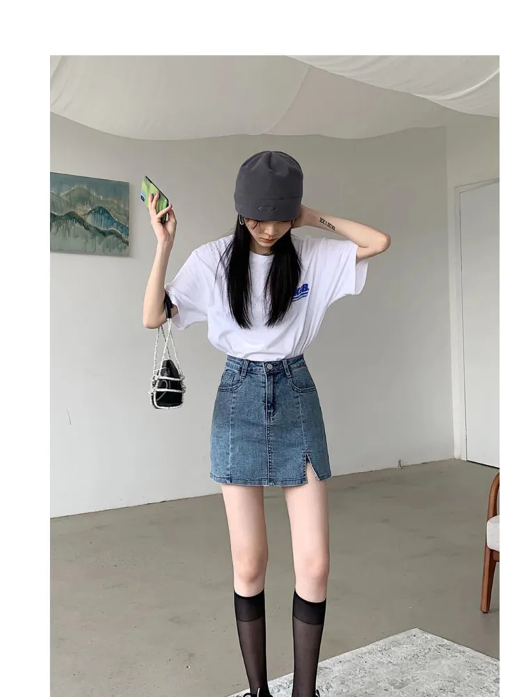 Feynzz Small Split Denim Skirt Women's Summer Elastic Slim Fit High Waist A-line Hot Girl Bag Hip Skirt - Image 6