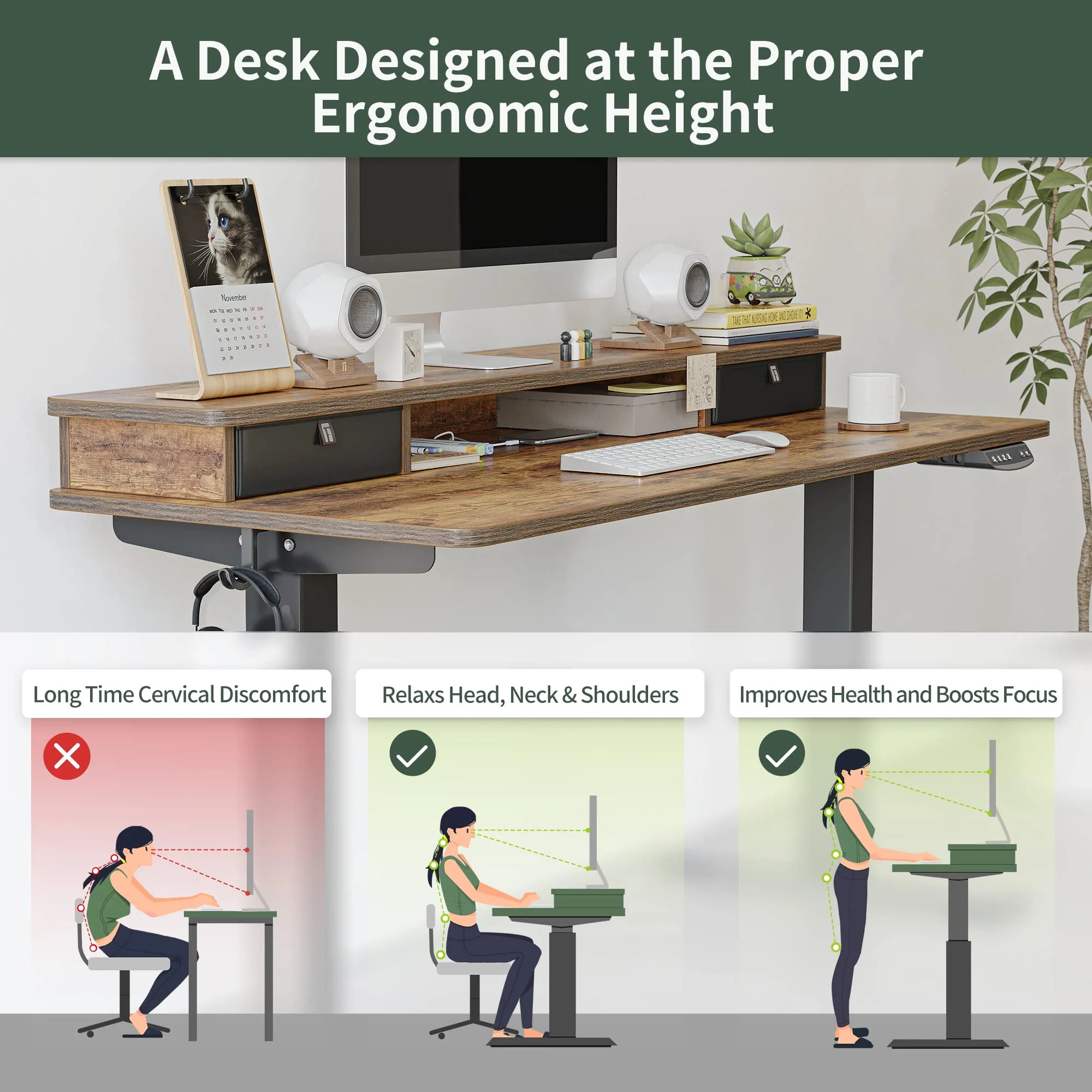 FEZIBO 55"x24" Height Adjustable Electric Standing Desk with Double Drawer, 55 x 24 Inch Stand Up Table with Storage Shelf, Sit Stand Desk with Splice Board, Black Frame/Rustic Brown Top - Image 4