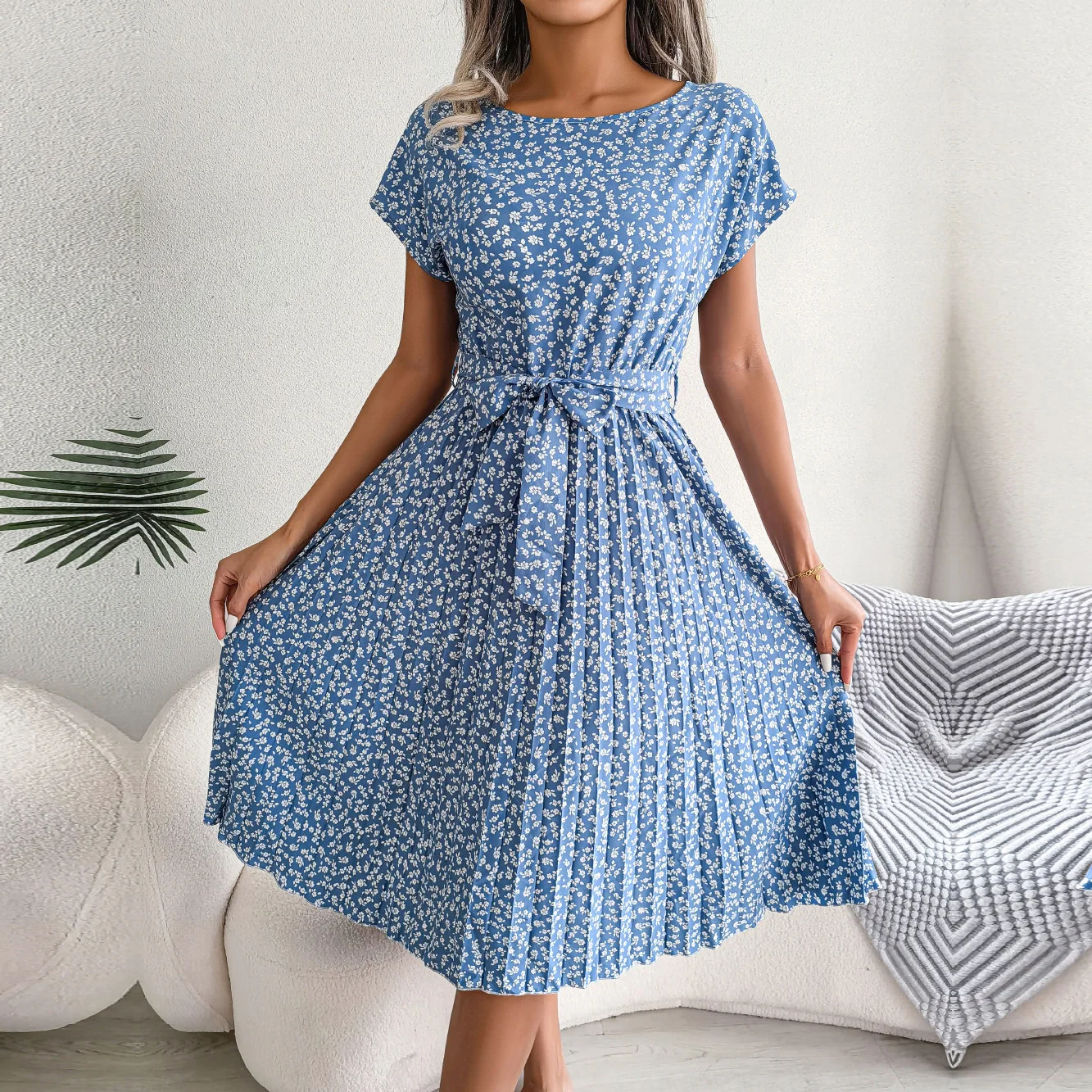Ficusrong Fashion Floral Pleated A Line Long Dress Women Spring Summer Short Sleeve High Waist Chic Dress - Image 2