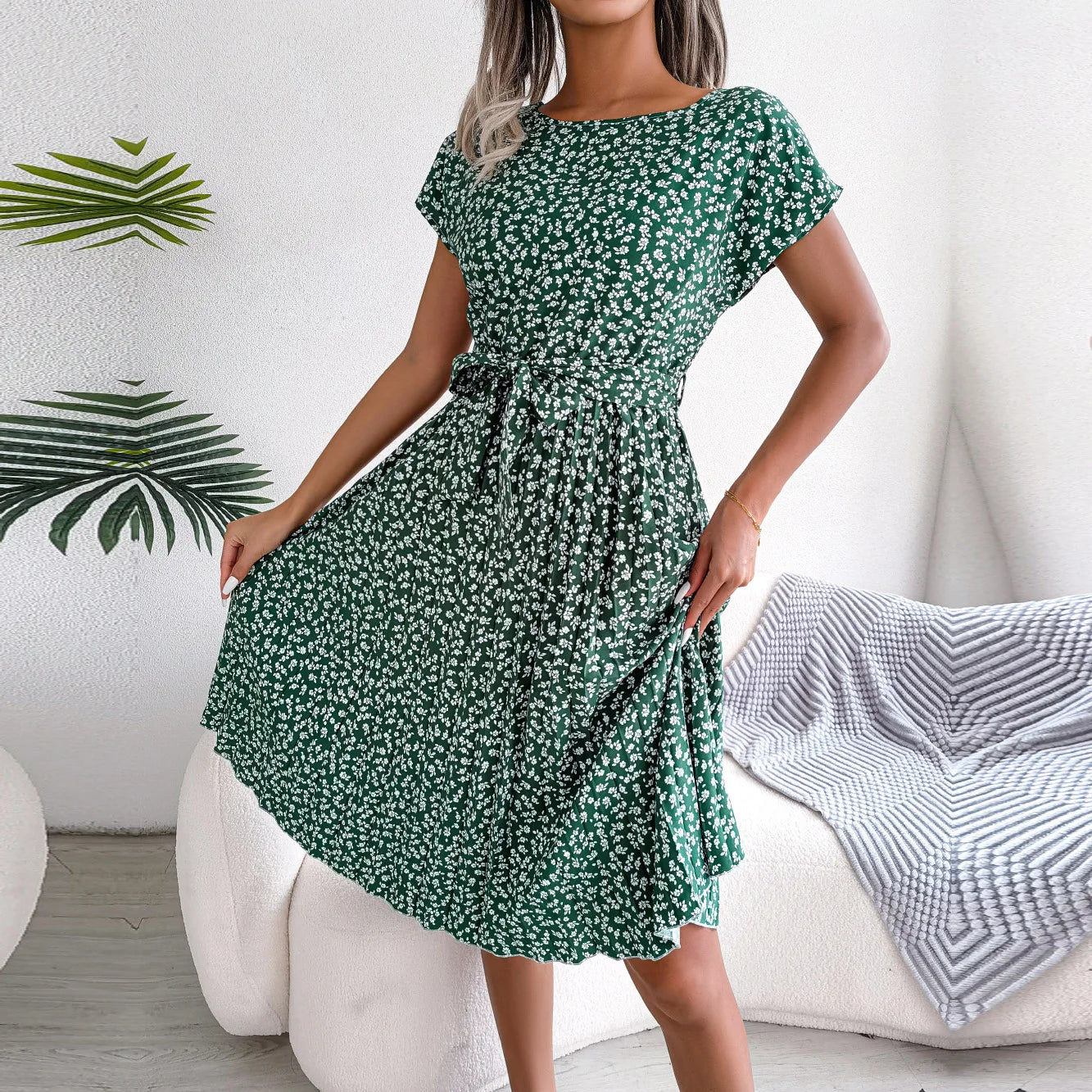 Ficusrong Fashion Floral Pleated A Line Long Dress Women Spring Summer Short Sleeve High Waist Chic Dress - Image 3