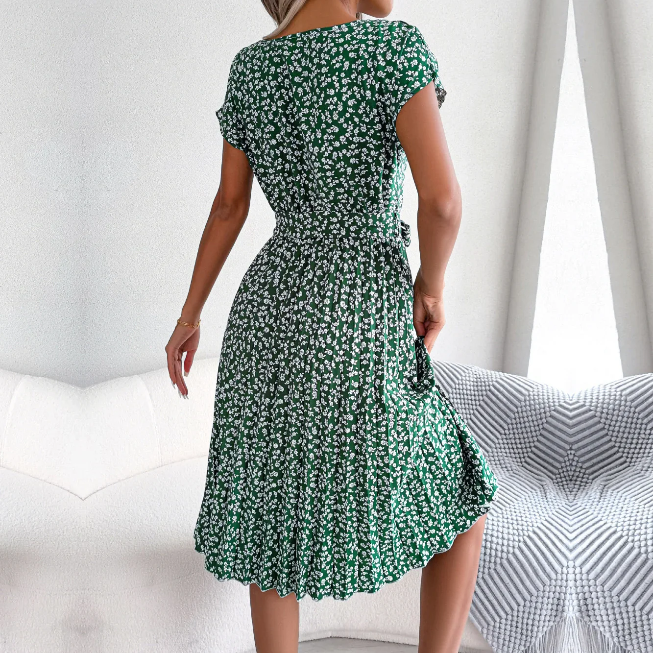 Ficusrong Fashion Floral Pleated A Line Long Dress Women Spring Summer Short Sleeve High Waist Chic Dress - Image 4