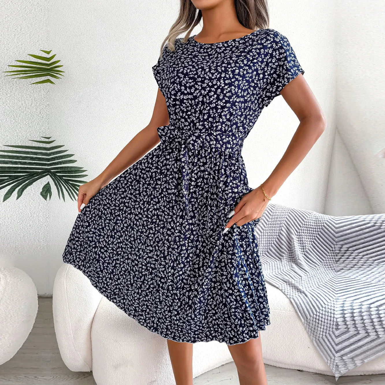 Ficusrong Fashion Floral Pleated A Line Long Dress Women Spring Summer Short Sleeve High Waist Chic Dress - Image 5