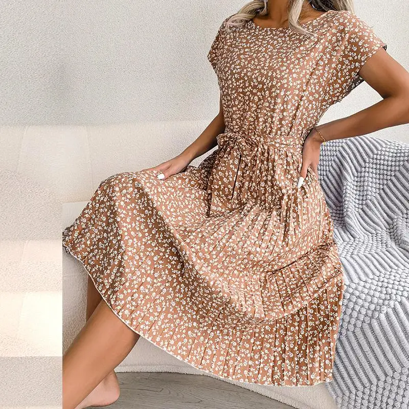 Ficusrong Fashion Floral Pleated A Line Long Dress Women Spring Summer Short Sleeve High Waist Chic Dress - Image 7