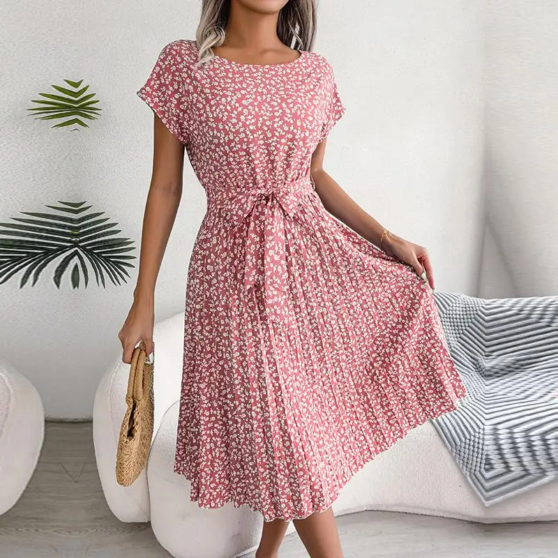 Ficusrong Fashion Floral Pleated A Line Long Dress Women Spring Summer Short Sleeve High Waist Chic Dress - Image 9