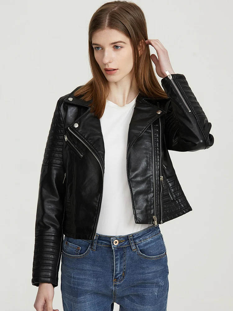 Fitaylor Women Motorcycle Faux Leather Jackets Ladies Streetwear Black Coat Long Sleeve Autumn Biker Zippers Outwear - Image 3