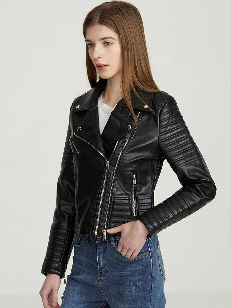 Fitaylor Women Motorcycle Faux Leather Jackets Ladies Streetwear Black Coat Long Sleeve Autumn Biker Zippers Outwear - Image 5