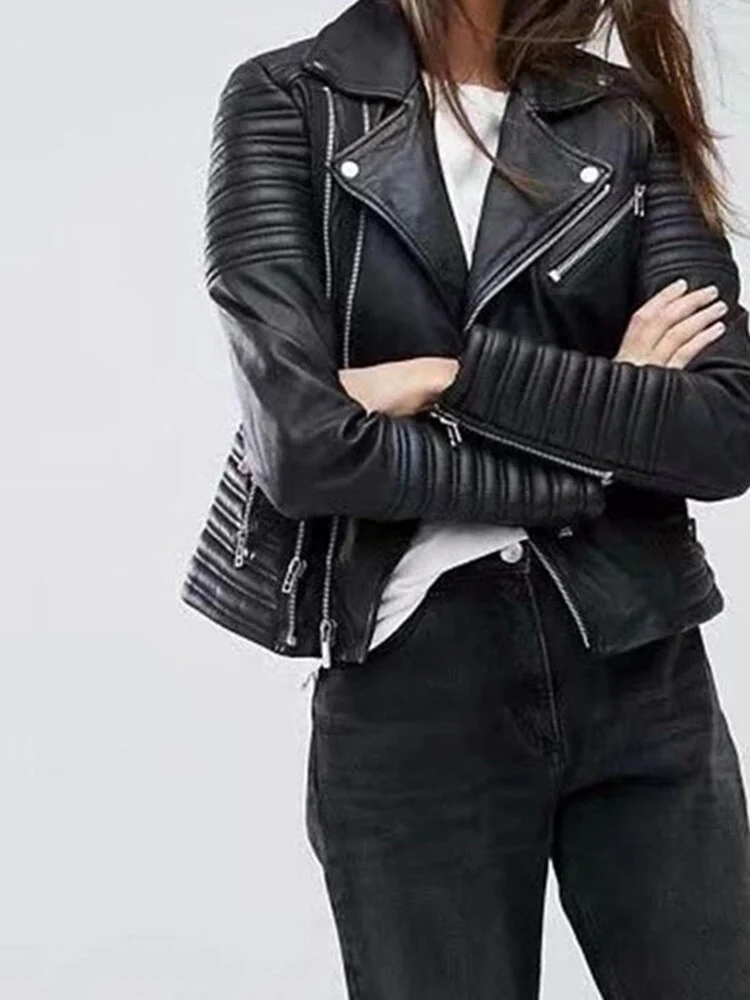 Fitaylor Women Motorcycle Faux Leather Jackets Ladies Streetwear Black Coat Long Sleeve Autumn Biker Zippers Outwear - Image 7