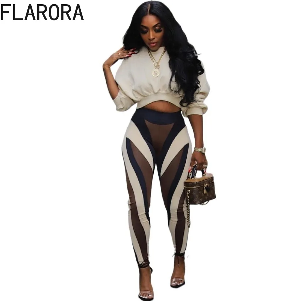 FLARORA Fashion Stripe Print 2 Pcs Sets Woman Round Neck Long Sleeve Crop Tops And Skinny Pants Outfits Fall Street Tracksuits - Image 5