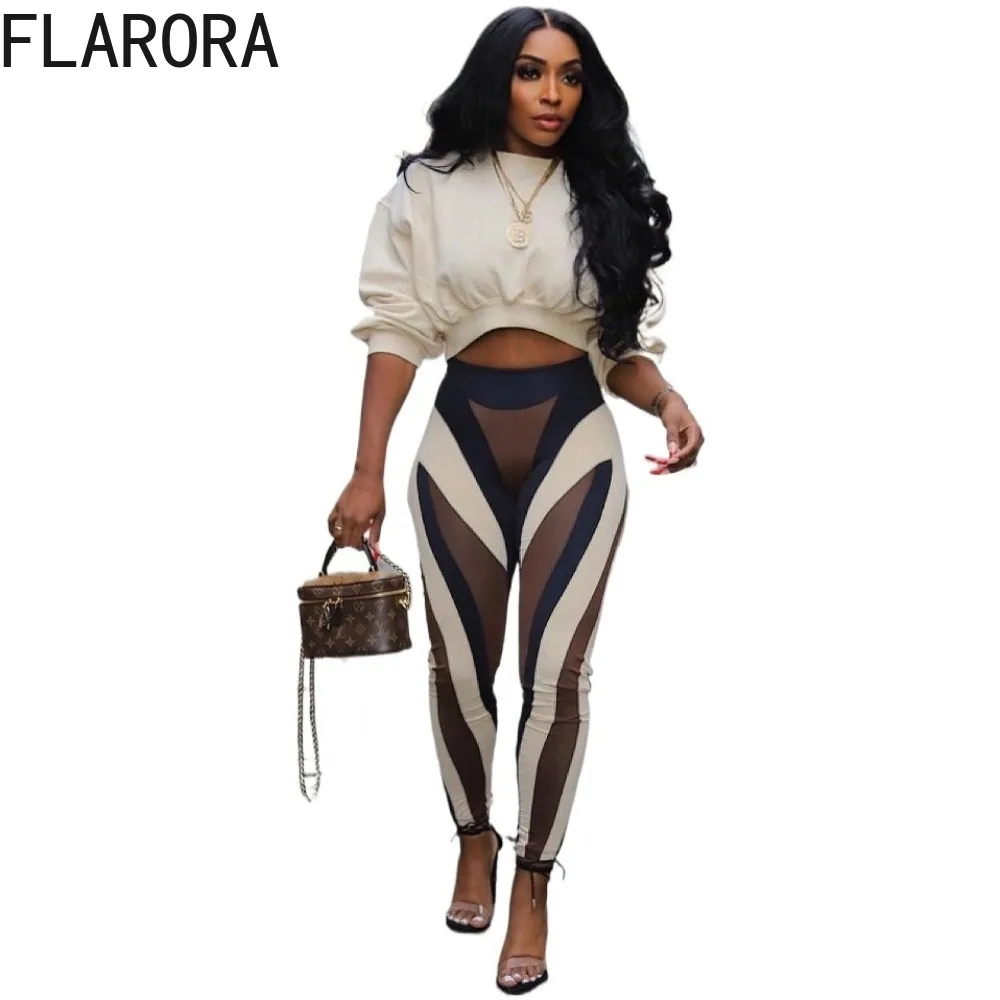 FLARORA Fashion Stripe Print 2 Pcs Sets Woman Round Neck Long Sleeve Crop Tops And Skinny Pants Outfits Fall Street Tracksuits - Image 6