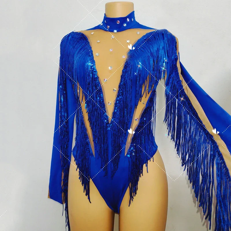 Flashing Blue Fringed Rhinestones Bodysuit Women Stretch Gogo Dancer Costume Bar Nightclub Dj Ds Party Rave Outfits XS7744 - Image 2