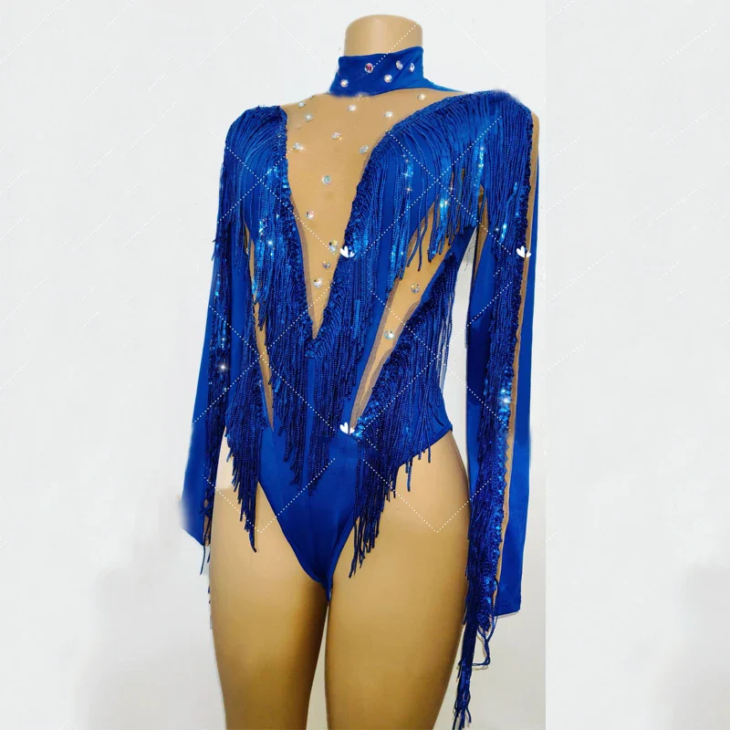 Flashing Blue Fringed Rhinestones Bodysuit Women Stretch Gogo Dancer Costume Bar Nightclub Dj Ds Party Rave Outfits XS7744 - Image 3