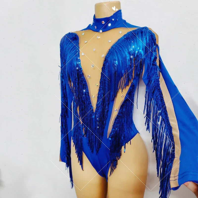 Flashing Blue Fringed Rhinestones Bodysuit Women Stretch Gogo Dancer Costume Bar Nightclub Dj Ds Party Rave Outfits XS7744 - Image 4