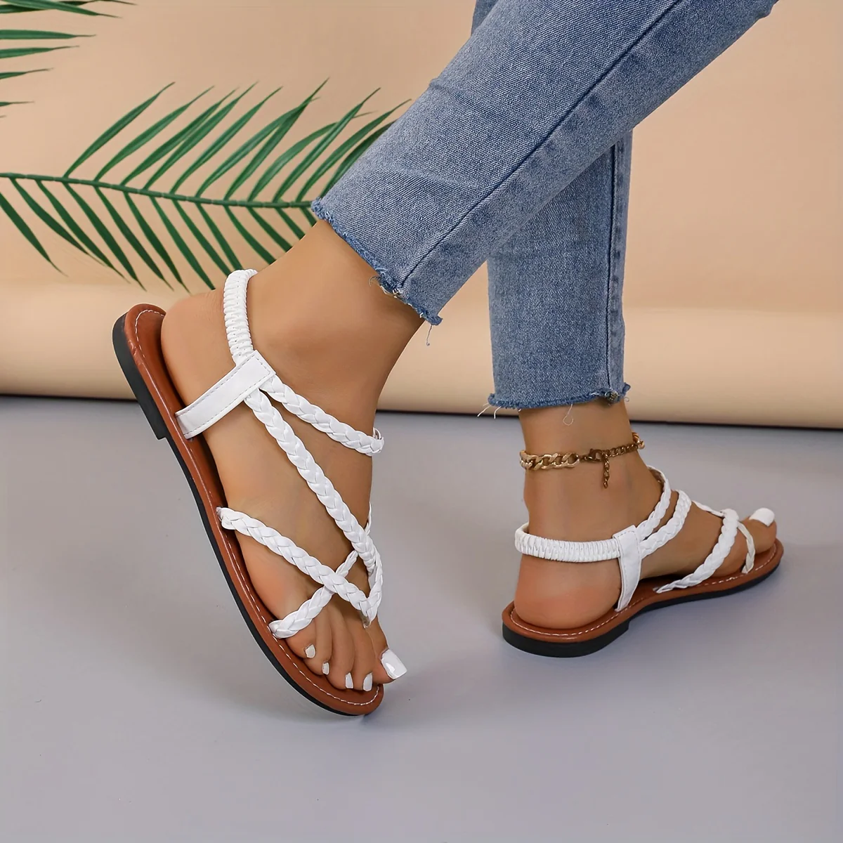 Flat Heel Womens Braided Thong Sandals - Comfortable Elastic Ankle Strap, Lightweight Faux Leather Upper, Rubber Sole, Pull-On Closure, Open Toe, Solid Color, Perfect for Summer Beach and Casual Occasions - Image 2
