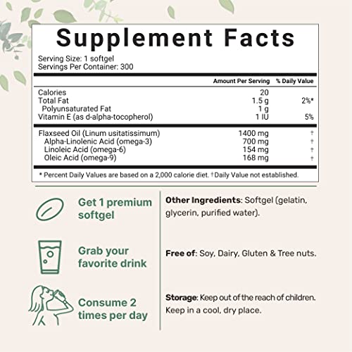 Flaxseed Oil 1400mg Softgels, 300 Counts | w/ 700mg ALA Omega 3, Cold Pressed, Rich in Fatty Acids, Alpha Linolenic Acid, Support Heart Health & Immune System | Non-GMO, No Gluten - 300 Servings - Image 6
