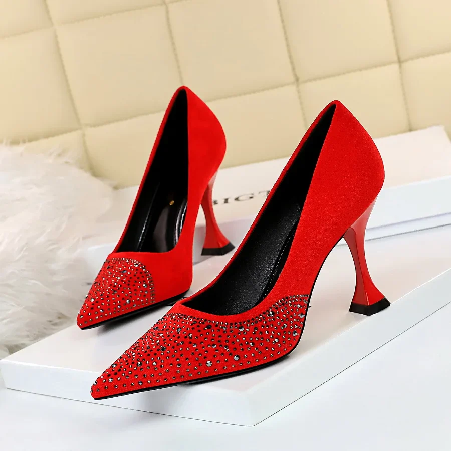 Flock High Heels Shoes Women Rhinestone Design Pointed Toe Pumps Ladies Shoes New Arrival - Image 4