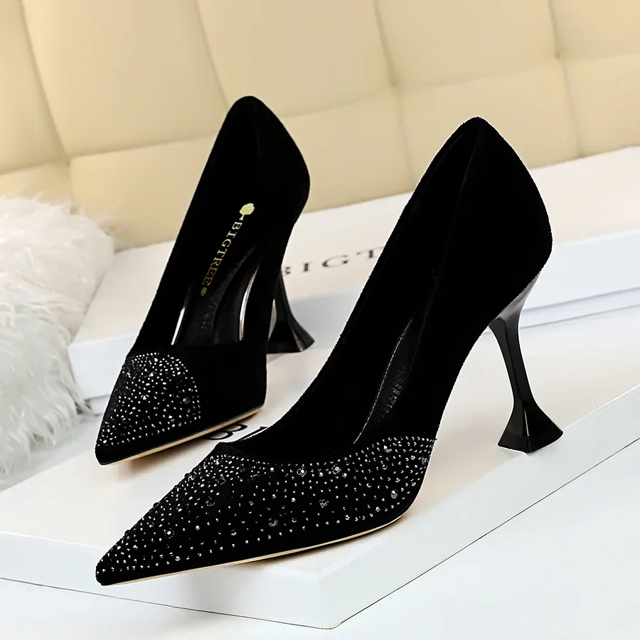 Flock High Heels Shoes Women Rhinestone Design Pointed Toe Pumps Ladies Shoes New Arrival - Image 5
