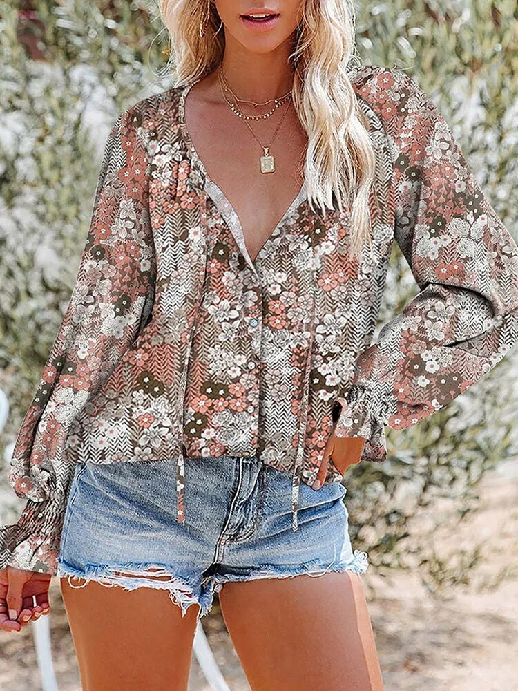 Floral Chiffon Blouse Tops For Women 2022 Autumn Fashion V Neck Long Sleeve Loose Elegant Office Shirt Oversize Casual Blouse - Image 10
