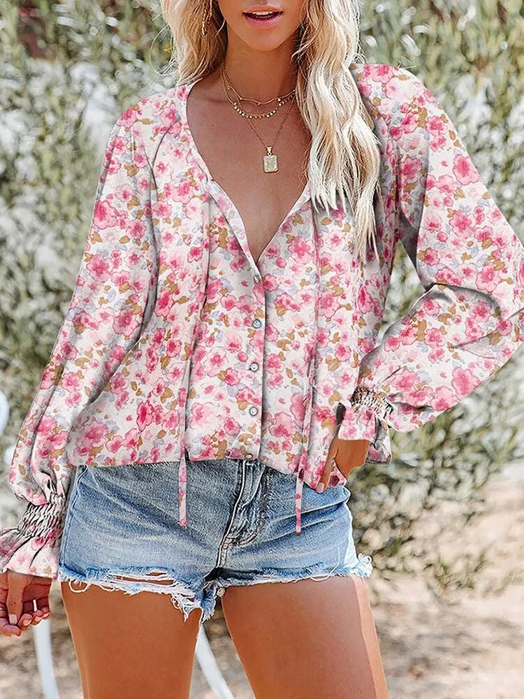 Floral Chiffon Blouse Tops For Women 2022 Autumn Fashion V Neck Long Sleeve Loose Elegant Office Shirt Oversize Casual Blouse - Image 11