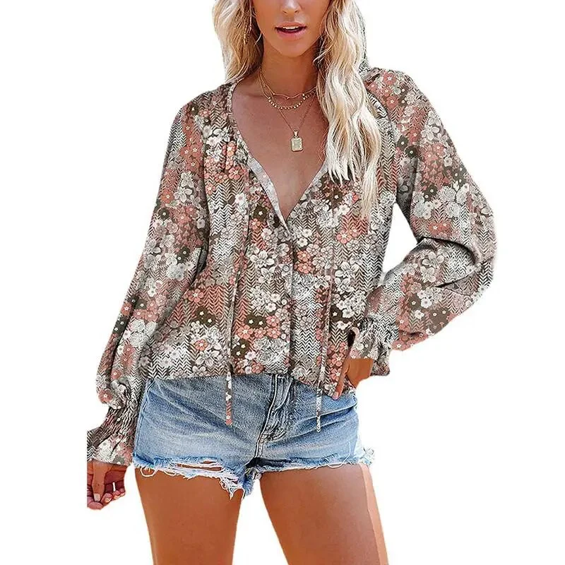 Floral Chiffon Blouse Tops For Women 2022 Autumn Fashion V Neck Long Sleeve Loose Elegant Office Shirt Oversize Casual Blouse - Image 2