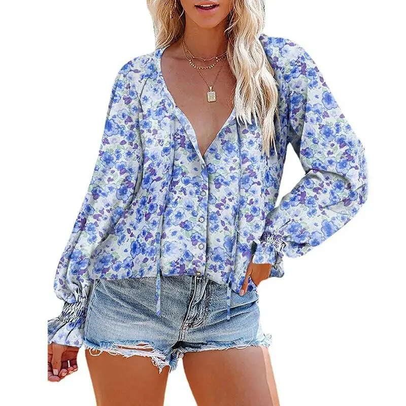 Floral Chiffon Blouse Tops For Women 2022 Autumn Fashion V Neck Long Sleeve Loose Elegant Office Shirt Oversize Casual Blouse - Image 3