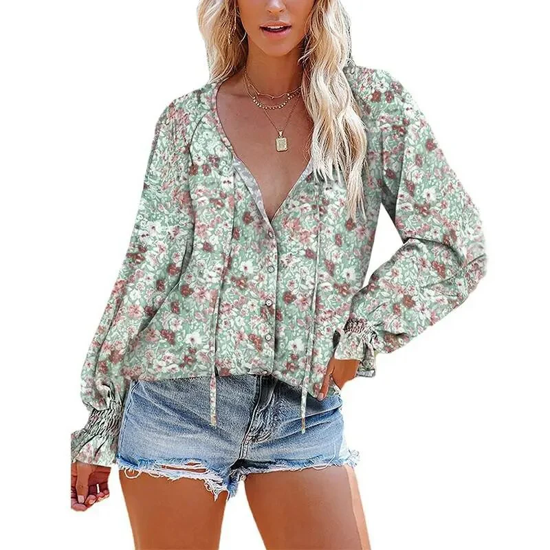 Floral Chiffon Blouse Tops For Women 2022 Autumn Fashion V Neck Long Sleeve Loose Elegant Office Shirt Oversize Casual Blouse - Image 4