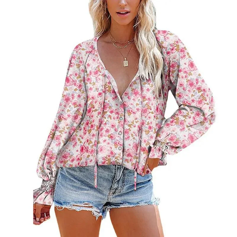 Floral Chiffon Blouse Tops For Women 2022 Autumn Fashion V Neck Long Sleeve Loose Elegant Office Shirt Oversize Casual Blouse - Image 5