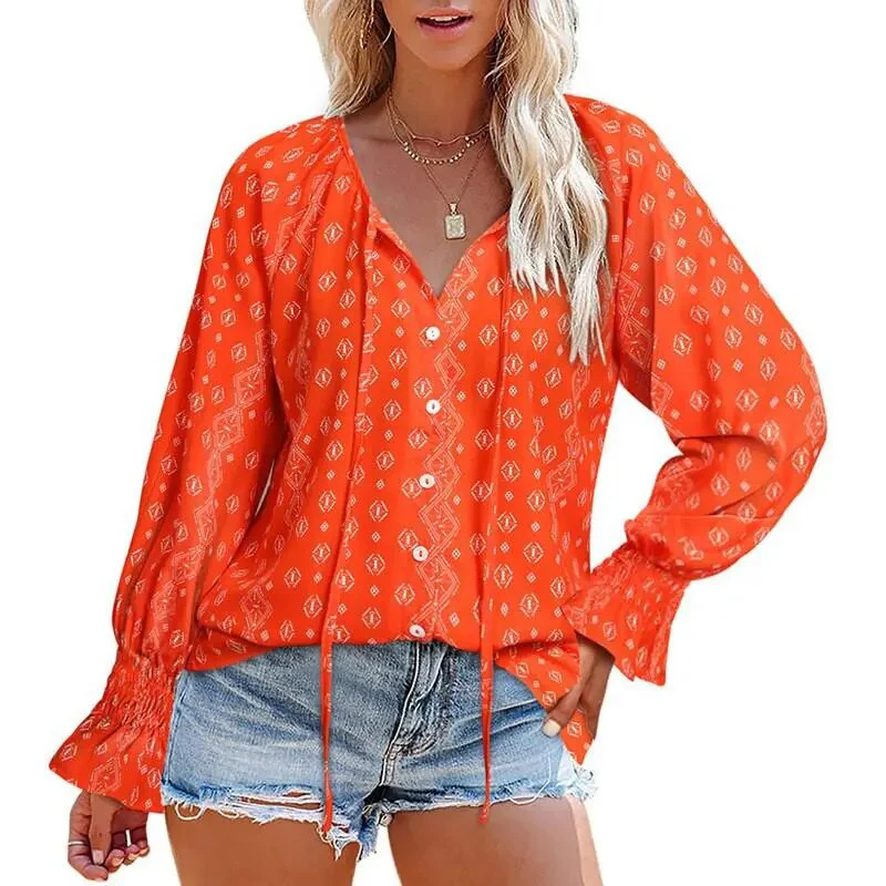 Floral Chiffon Blouse Tops For Women 2022 Autumn Fashion V Neck Long Sleeve Loose Elegant Office Shirt Oversize Casual Blouse - Image 6