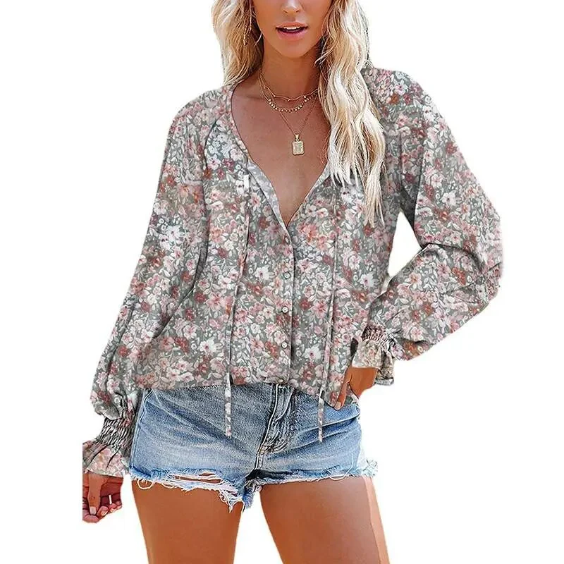 Floral Chiffon Blouse Tops For Women 2022 Autumn Fashion V Neck Long Sleeve Loose Elegant Office Shirt Oversize Casual Blouse - Image 7