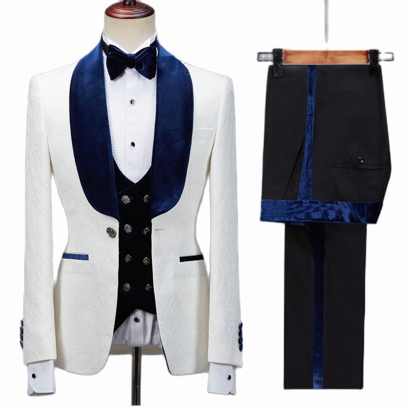 Floral Jacket Men Suit Slim Fit Wedding Tuxedo Navy Blue Velvet Lapel Groom Party Suits Costume Homme Best Man Blazer - Image 10