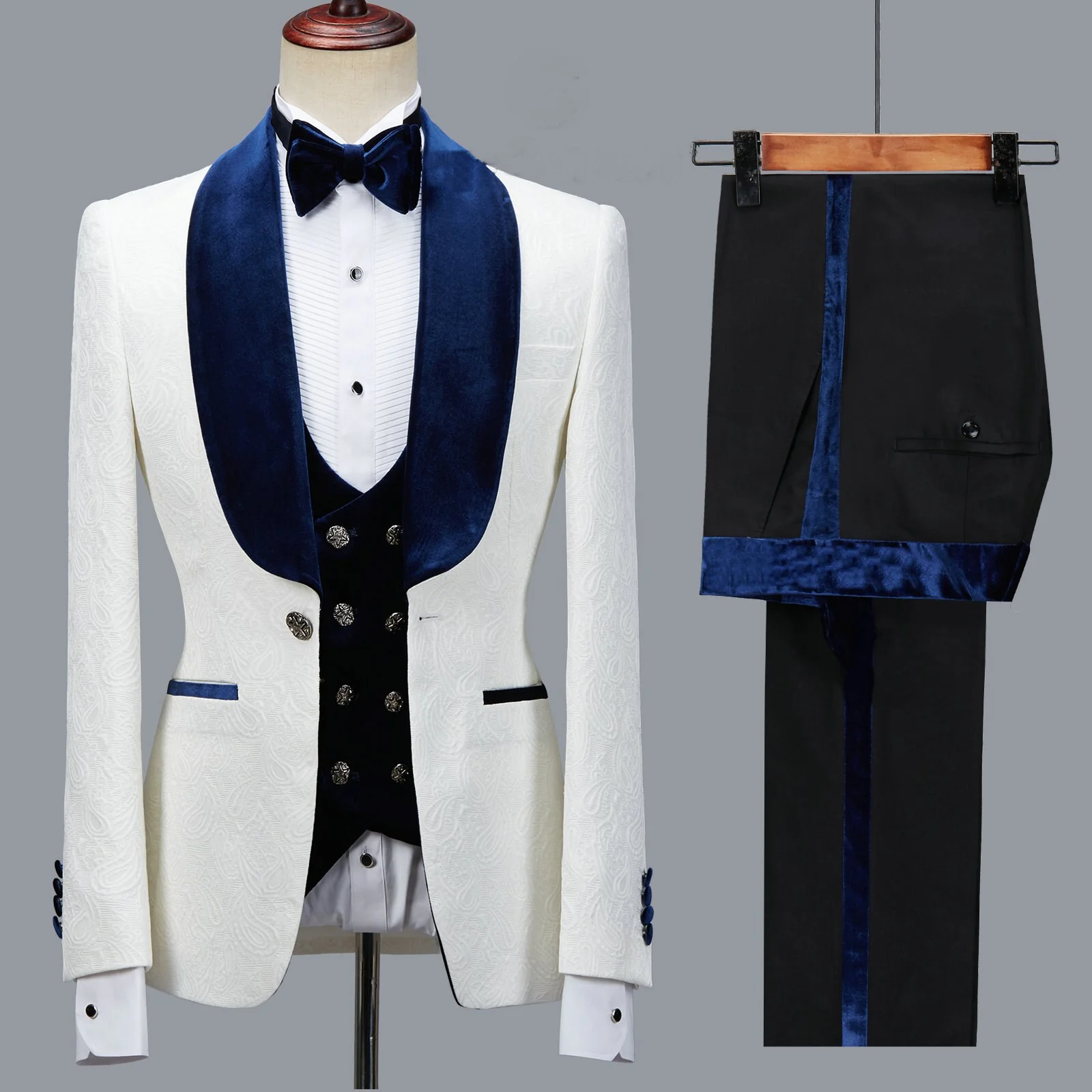 Floral Jacket Men Suit Slim Fit Wedding Tuxedo Navy Blue Velvet Lapel Groom Party Suits Costume Homme Best Man Blazer - Image 8