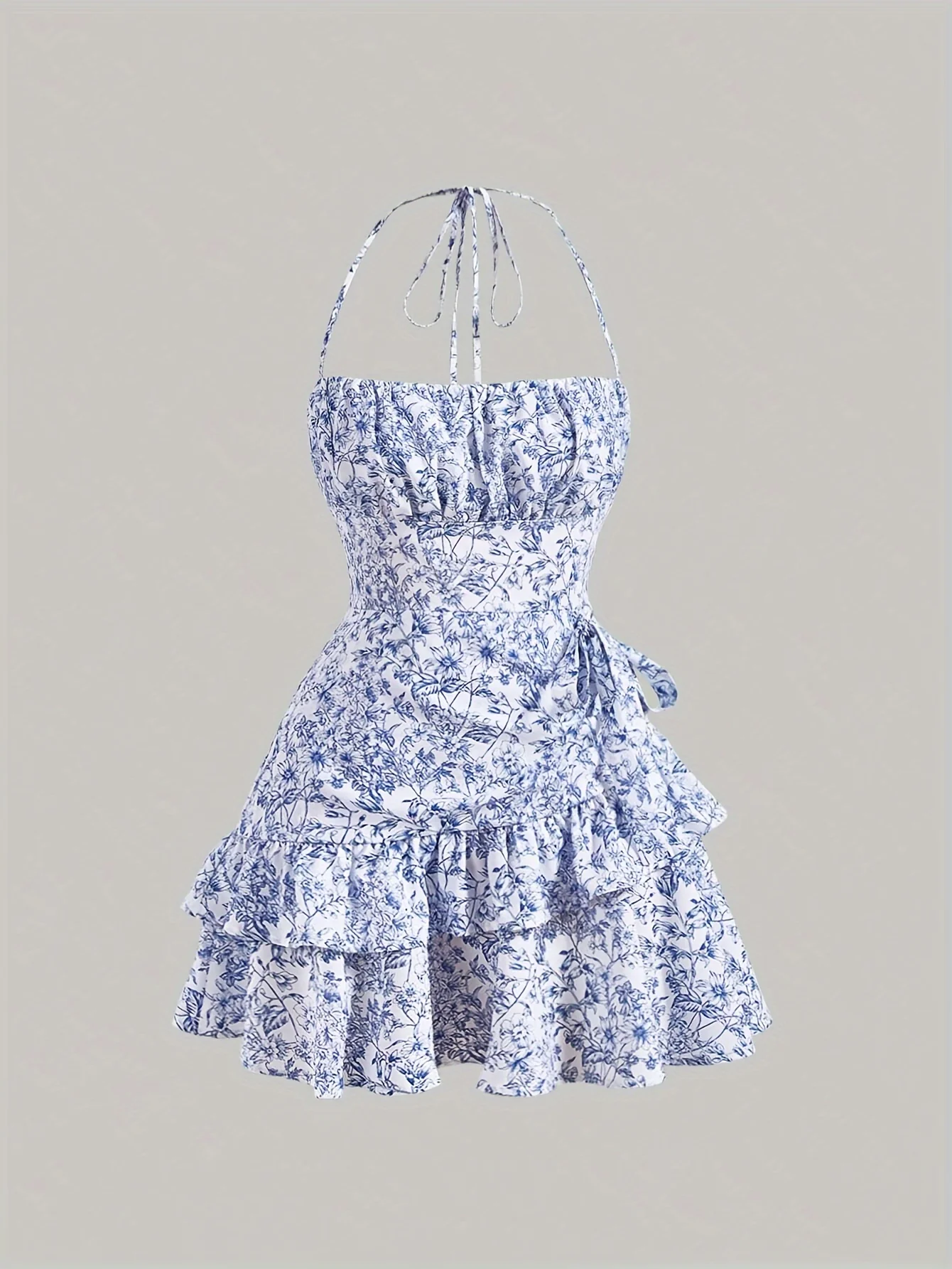 Floral Print Layered Ruffle Hem Halter Dress - Elegant Sleeveless Dress For Spring & Summer - Women's Clothing - For Women - Perfect for Parties & Casual Occasions - Ideal Gift for Her - Image 2