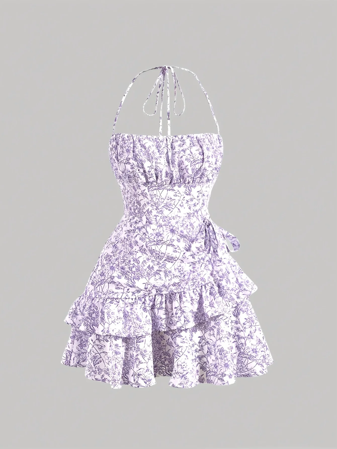 Floral Print Layered Ruffle Hem Halter Dress - Elegant Sleeveless Dress For Spring & Summer - Women's Clothing - For Women - Perfect for Parties & Casual Occasions - Ideal Gift for Her - Image 3