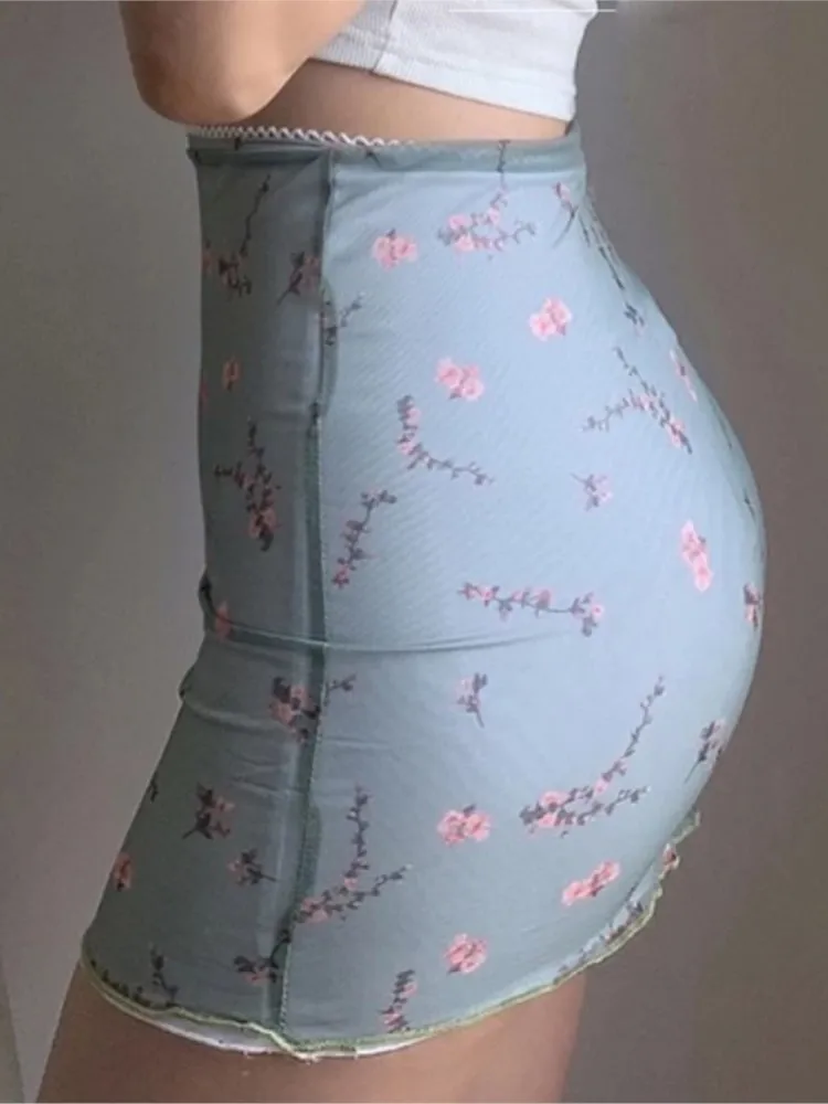 Floral Print Mesh High Waist Mini Skirt Ladies Kawaii skirt premium pastel Lace-up sweet Y2k Harajuku Kawaii Sexy Pencil Skirt - Image 3