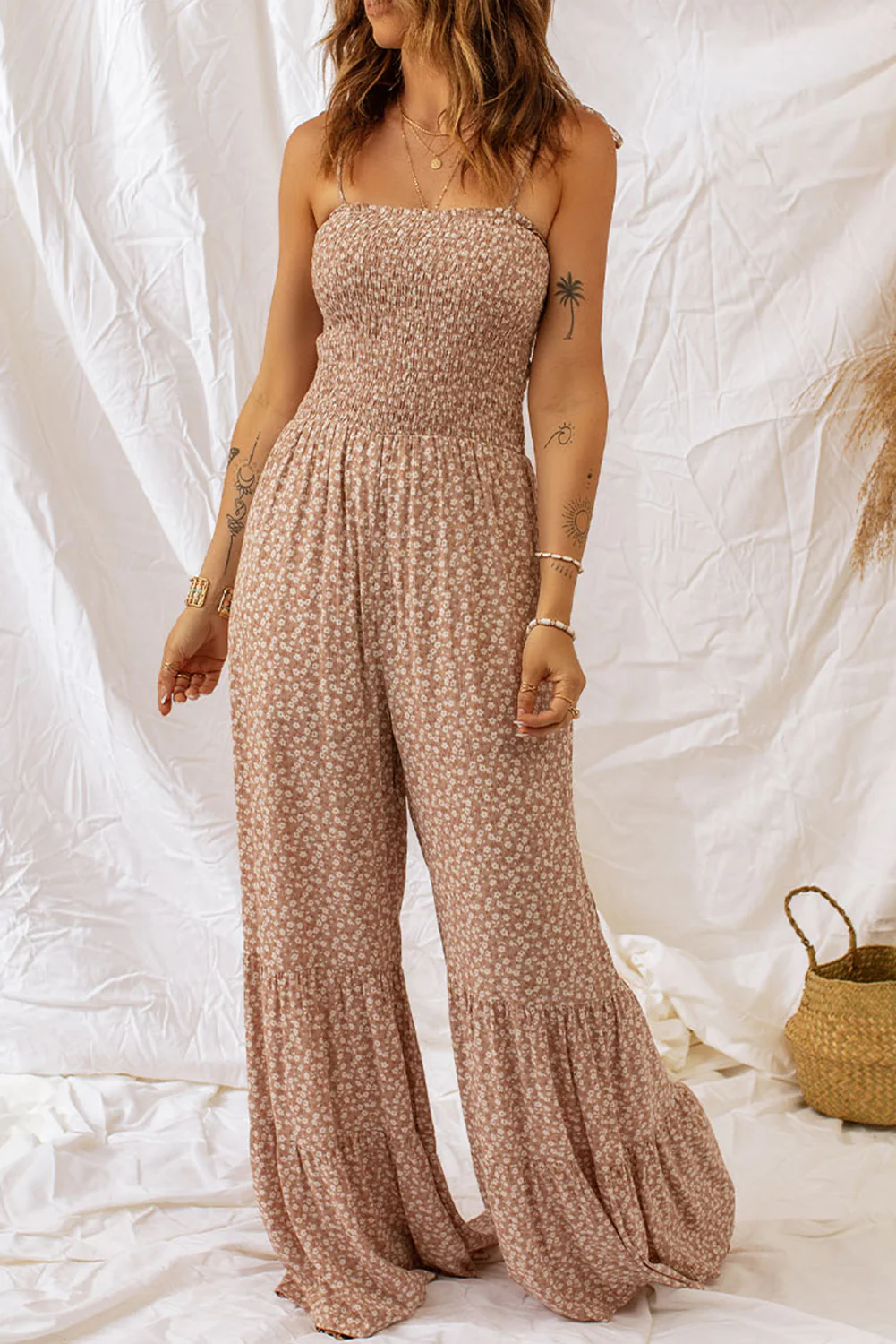 Floral Spaghetti Strap Smocked Wide Leg Jumpsuit - Image 3