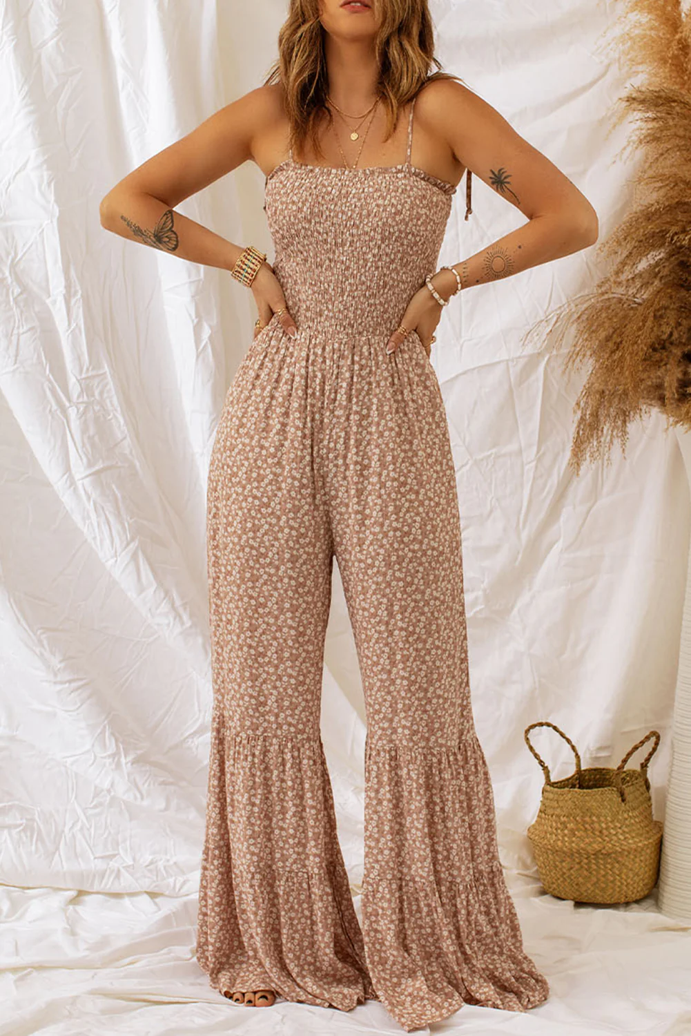 Floral Spaghetti Strap Smocked Wide Leg Jumpsuit - Image 4