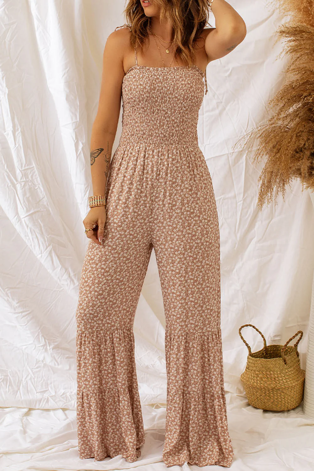 Floral Spaghetti Strap Smocked Wide Leg Jumpsuit - Image 5