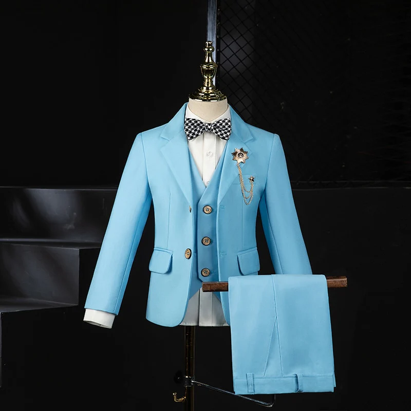 Flower Boys Ceremony Blue Suit Kids Formal Jakcet Vest Pants 3PS Tuxedo Wedding Dress Children Birhtday Party Photograph Costume