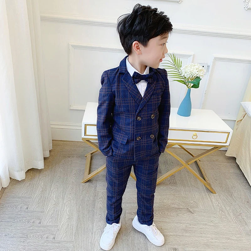Flower Boys Formal Dress Suit Set Autumn Children Plaid Double Breasted Blazer Pants 2Pcs Clothes Set Kids Wedding Party Costume - Image 2
