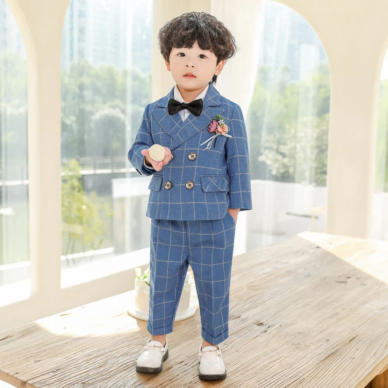Flower Boys Formal Dress Suit Set Autumn Children Plaid Double Breasted Blazer Pants 2Pcs Clothes Set Kids Wedding Party Costume - Image 3