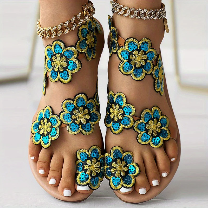 [Flowers Flat Women's Sandals] Women's Flowers Flat Sandals, Fashion Toe Loop Faux Pearl Slip On Shoes, Casual Beach Travel Sandals - Image 26