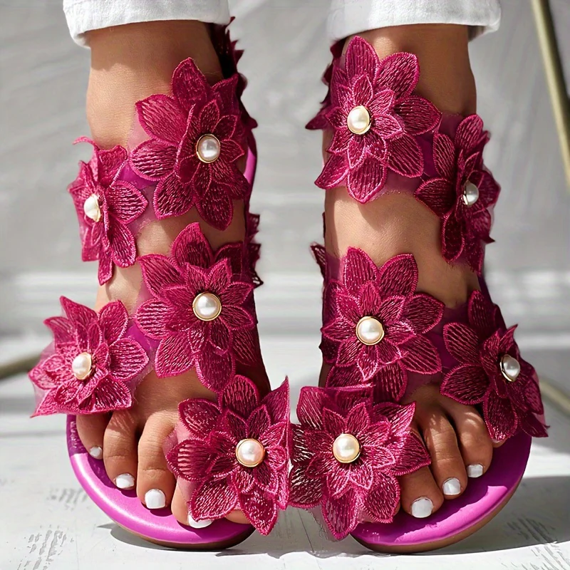 [Flowers Flat Women's Sandals] Women's Flowers Flat Sandals, Fashion Toe Loop Faux Pearl Slip On Shoes, Casual Beach Travel Sandals - Image 34
