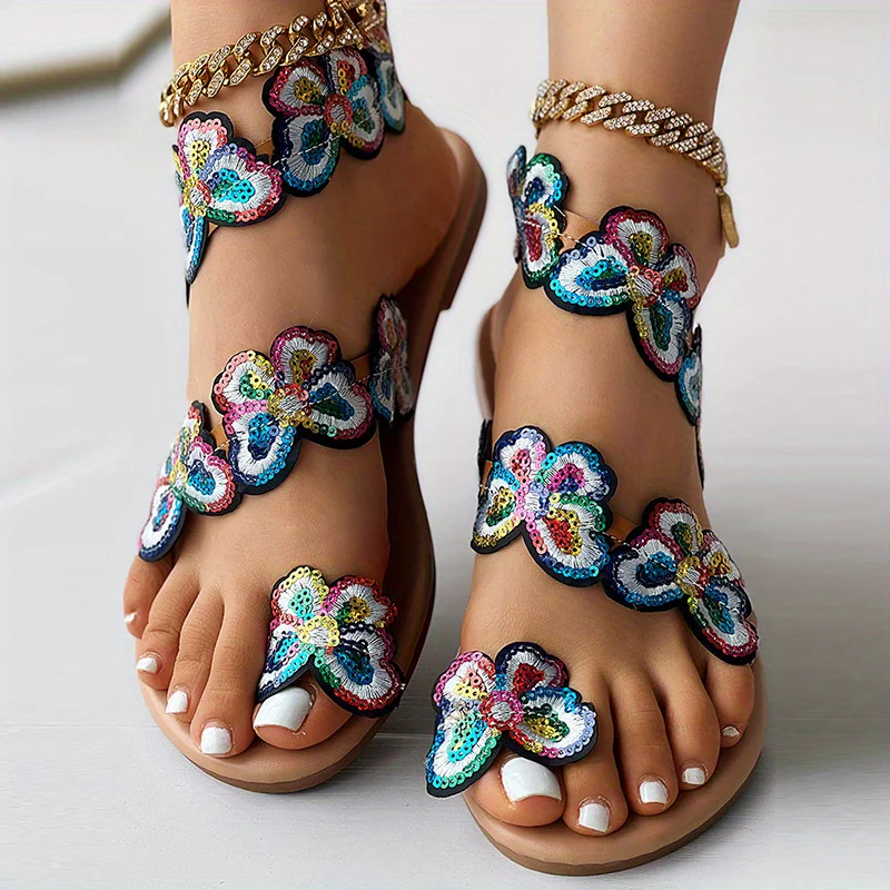 [Flowers Flat Women's Sandals] Women's Flowers Flat Sandals, Fashion Toe Loop Faux Pearl Slip On Shoes, Casual Beach Travel Sandals - Image 36
