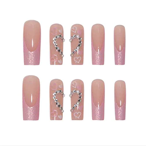 Foccna Long Press on Nails Pink Square French Fake Nails Full Cover Bling Acrylic False Rhinestone Nails LOVE Design Nails for Women and Girls 24PCS - Image 4