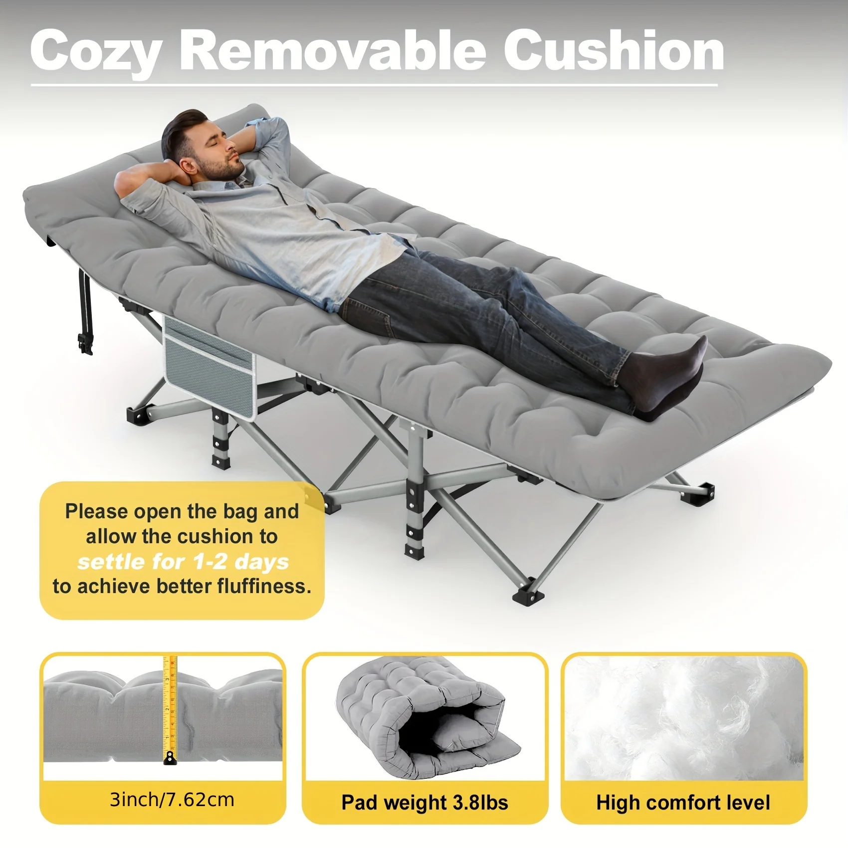 Folding Camping Cot With Mattress, Sleeping Cots For Adults, Portable Travel Camp Cot Bed With Carry Bag, Heavy Duty Outdoor Grey - Image 3