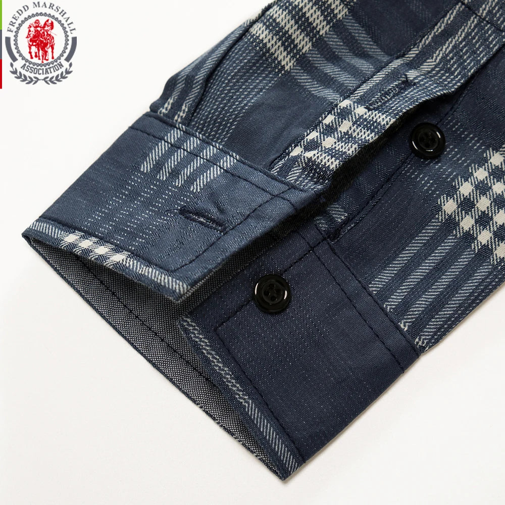 Fredd Marshall 2021 Men Long Sleeve Patchwork Plaid Denim Dress Shirt 100% Cotton Male Business Social Shirts Brand Men Clothing - Image 5