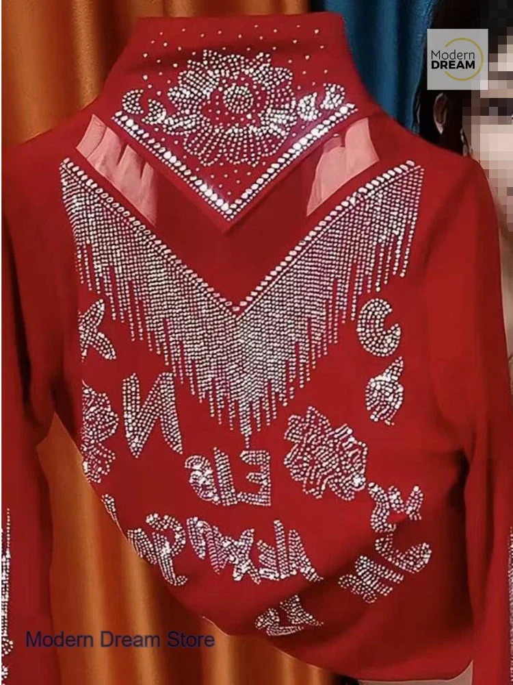 French style high-grade rhinestone bottoming shirt women's spring and autumn new slim semi-high collar versatile bottoming shirt - Image 4