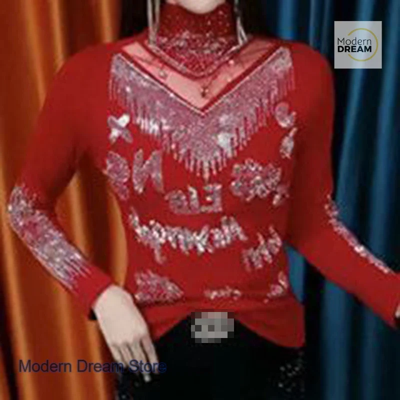 French style high-grade rhinestone bottoming shirt women's spring and autumn new slim semi-high collar versatile bottoming shirt - Image 6