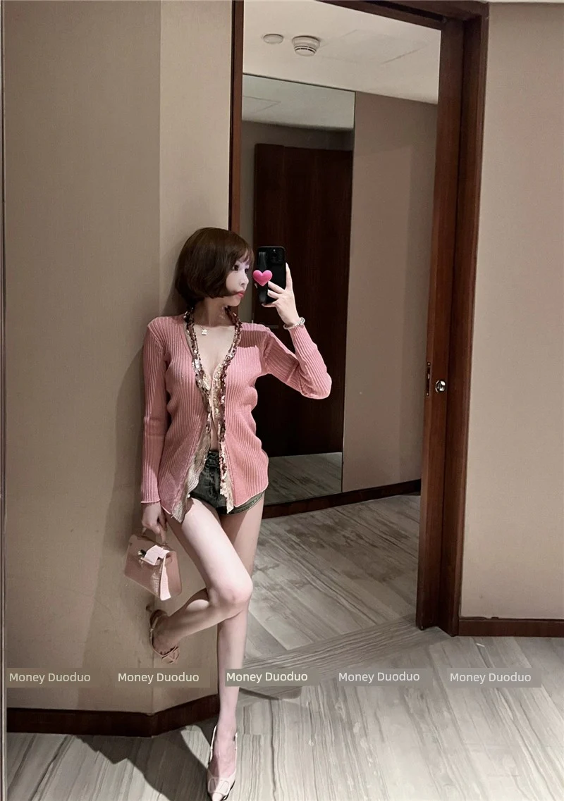 French Style Temperament Heavy Embroidery Sequins Pink Knitting Cardigan - Image 3