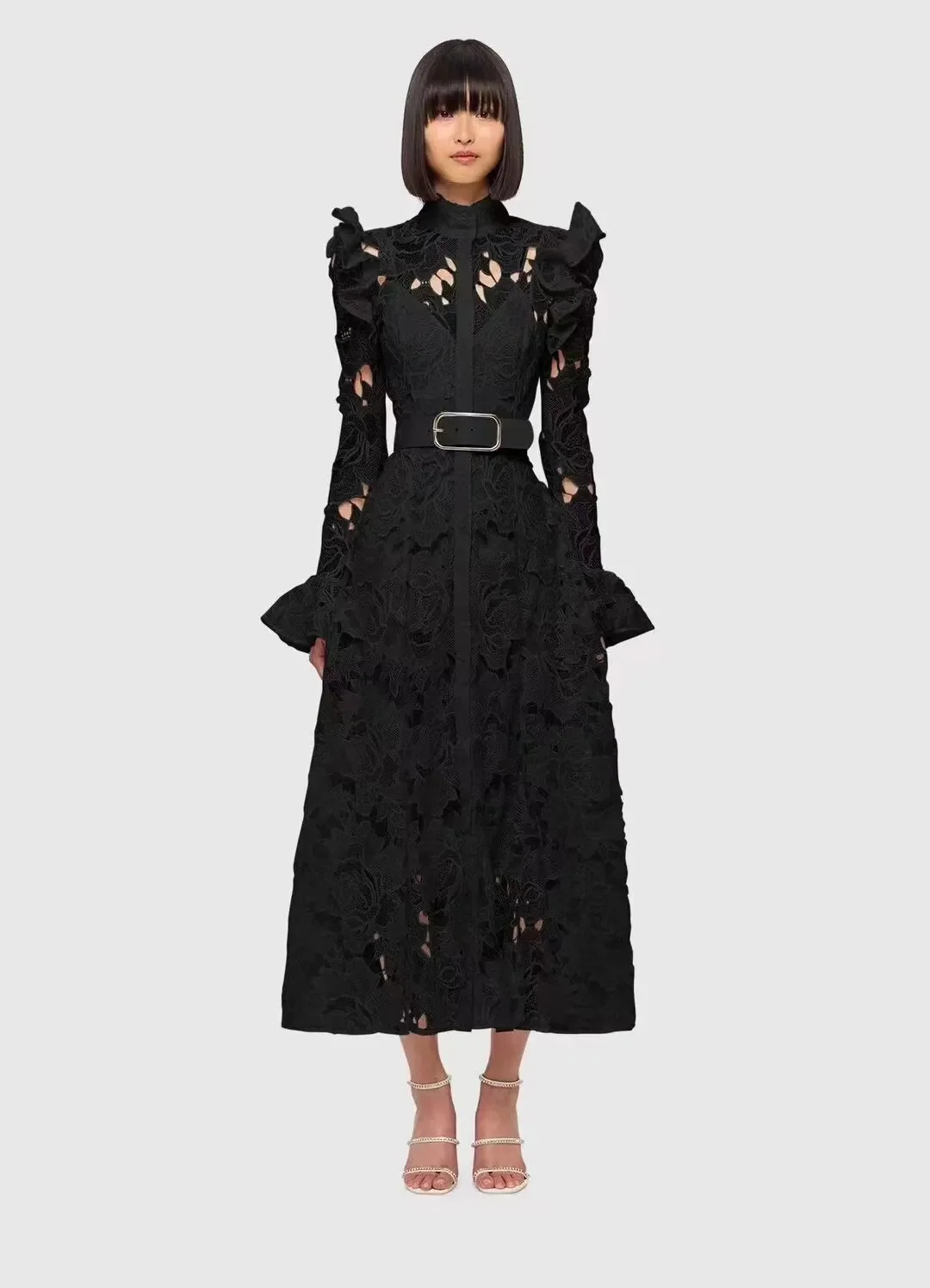 French temperament water-soluble lace single-breasted hollow long-sleeved dress - Image 7